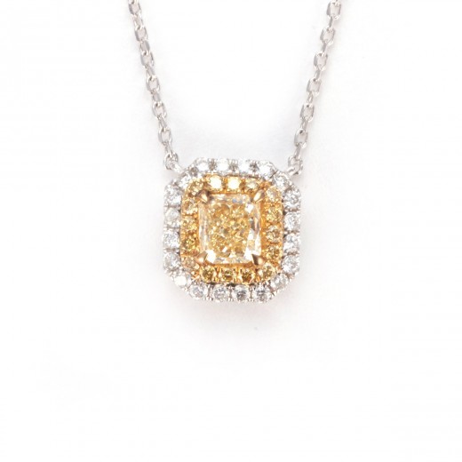 Elegant fancy yellow double halo diamond pendant